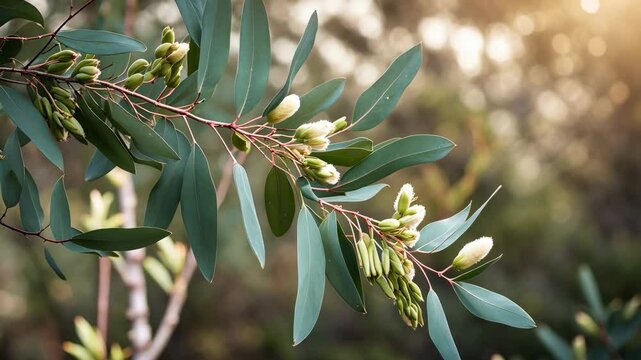 Eucalyptus gum nuts on a branch of an eucalyptus tree with a natural background.