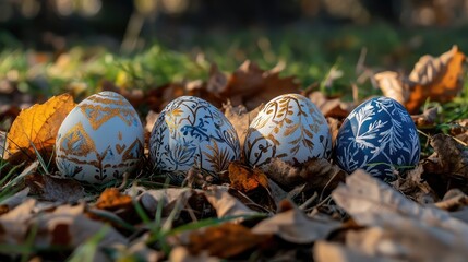 Five cheerful painted Easter eggs in a sunny outdoor setting, resting on fresh grass with glowing leaves. Light background, copy space. No people.