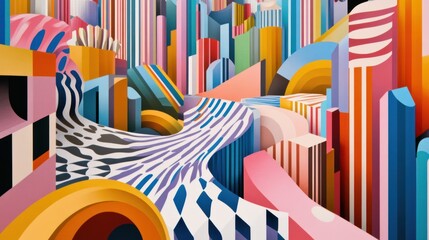 An abstract landscape filled with colorful geometric building structures