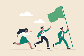 Leader determination to lead team to success, motivation to win together, direction forward for future success, victory or triumph concept, businessman leader holding winner flag leading to success.