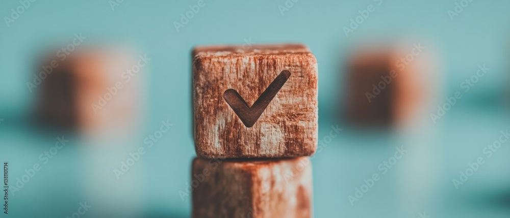 Leinwandbilder Minimalist Compliance Aesthetics Wooden Verification Cube Symbolizing Systematic Achievement in Modern Business Process Optimization and Quality Management