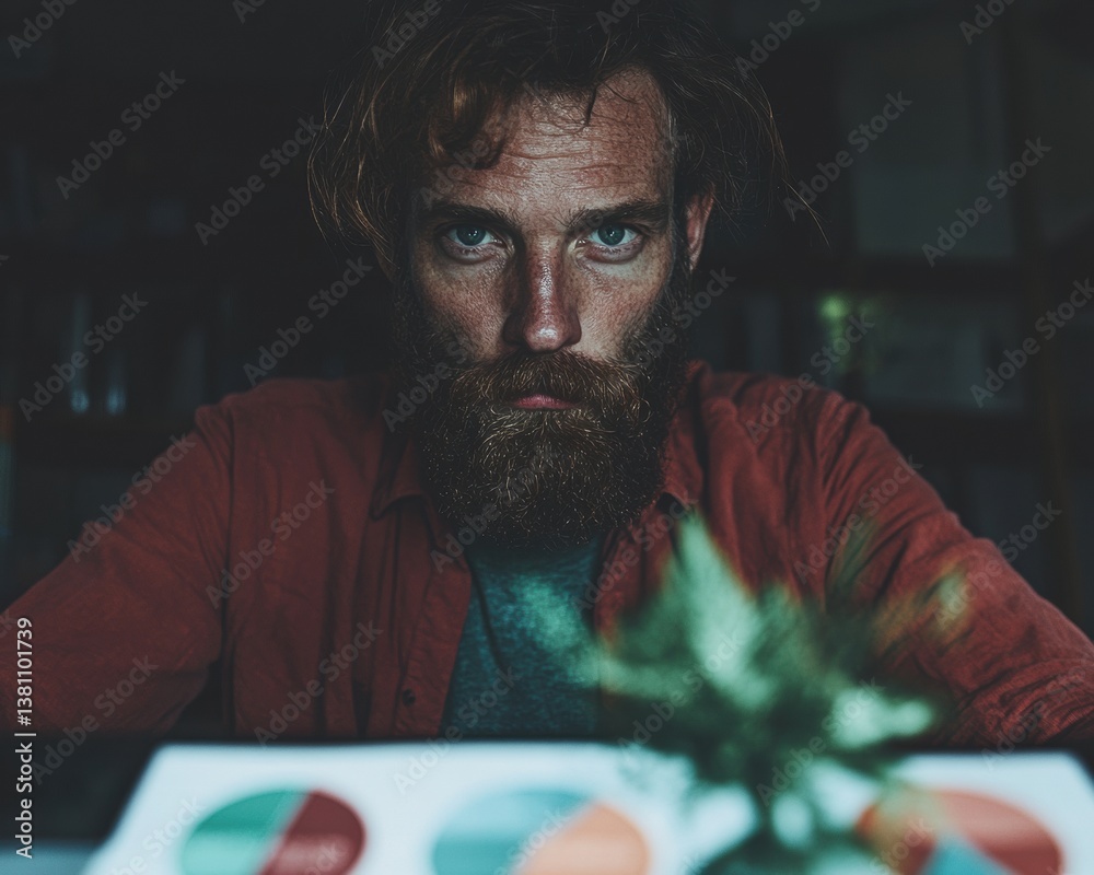 Poster Moody Creative Professional Atmospheric Workspace Narrative with Intense Millennial Designer Exploring Minimalist Digital Content Strategy