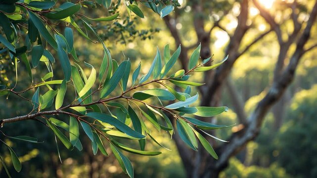 Eucalyptus leaves. Branch of the eucalyptus tree in a natural setting.