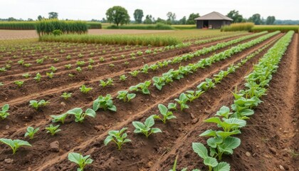 Obraz premium Lush Green Rows of Young Plants Growing in a Cultivated Field Agriculture
