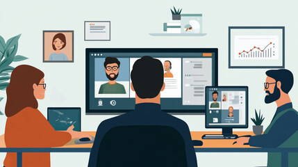 A team collaborates online through video calls and cloud-based tools.