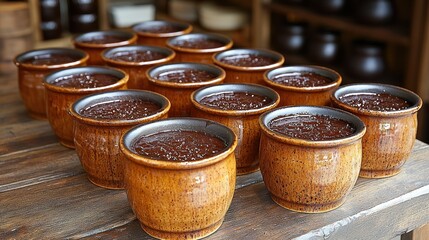Fototapeta premium Rows of Earthenware Pots Filled with Doenjang, a Traditional Korean Soybean Paste