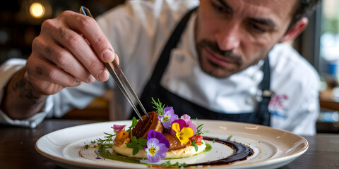 Fine Dining Precision Plating. Close-up shot of a chef meticulously using tweezers to delicately place edible flowers onto a dish.