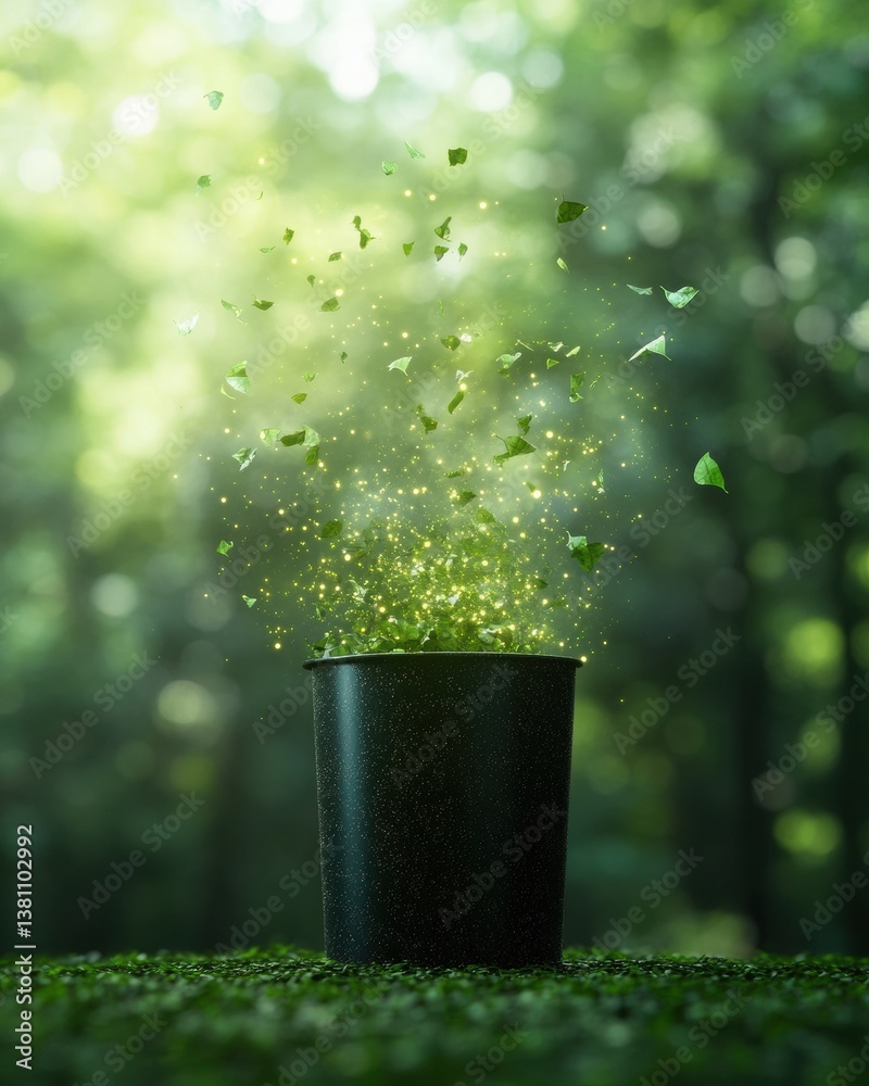 Poster Eco-Luminescent Recycling Revolution Dynamic Green Tech Visualization of Sustainable Waste Management with Ethereal Particle Transformation