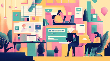 A team collaborates online through video calls and cloud-based tools.