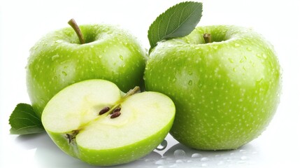 Fresh green apples, some whole and one sliced in half, rest on a reflective white surface dotted with water droplets.