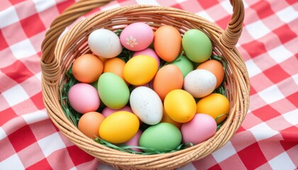 Colorful Easter Eggs in Woven Basket on Red Gingham Picnic Blanket