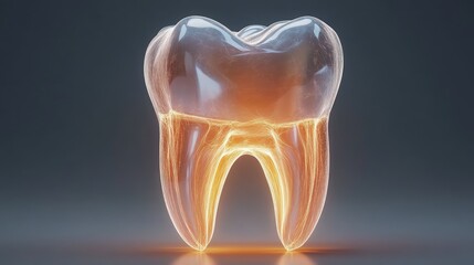 One tooth, glowing softly against a bright backdrop, representing the importance of dental care. No people.