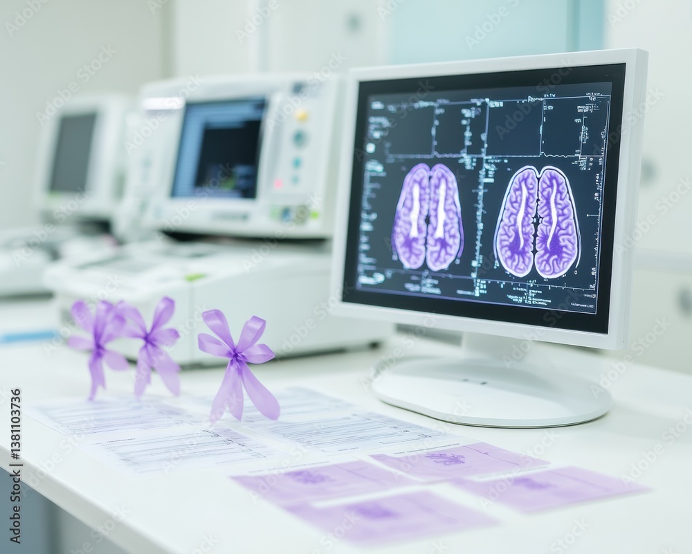 Aufkleber neurodivergent care innovation advanced brain imaging technology with purple awareness ribbons - com