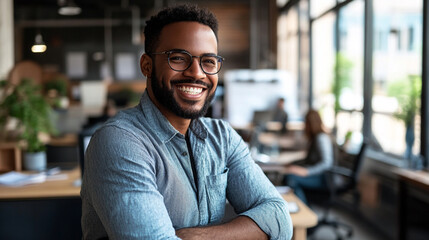 Obraz premium An entrepreneur smiles confidently after launching a successful startup.