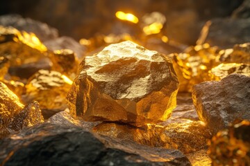 Golden nuggets nestled in dark rocks.  Illuminated by a warm light, showcasing raw gold
