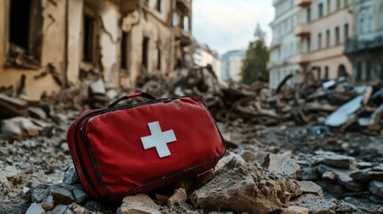 Red first aid kit placed on debris from a collapsed building, signifying immediate medical care in a disaster zone.