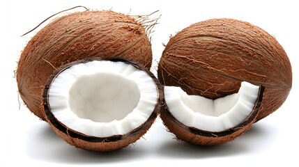 Freshly Cut Coconut Half Showcasing Soft White Kernel and Brown Shell on White Background