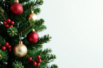 Pine tree decorated with a mix of ornaments and berries, Foliage, Berries, Tree