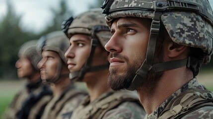 Soldiers in helmets and camouflage uniforms, standing side by side in a joint military exercise, side view close-up. No logos.