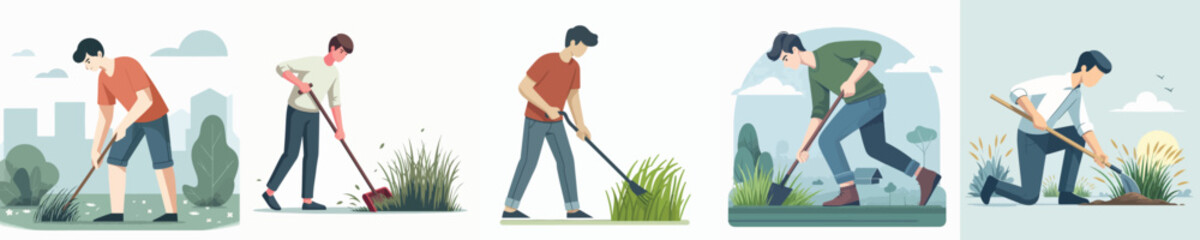 vector group of young people cleaning the grass