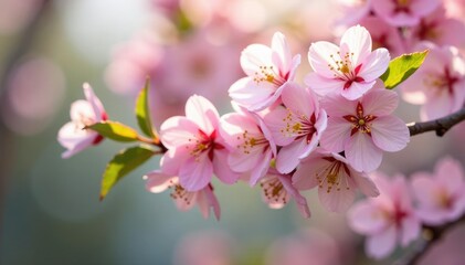 Obraz premium Pink cherry blossom branches with delicate white flowers and green leaves, flora, tree, spring