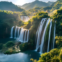 Naklejka premium The dynamic motion of the waterfall is balanced with the tranquil On white background