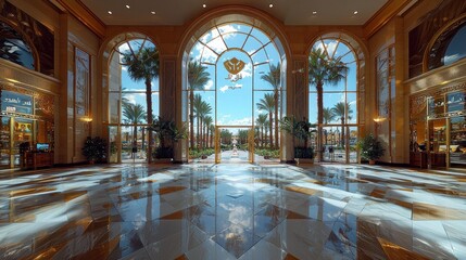 Fototapeta premium Luxurious Hotel Lobby with Stunning Outdoor View