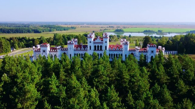 The Puslovsky Palace in Belarus. The Kossovsky Autumn Castle. An old historical castle in the style of English Gothic Revival in Kosovki in sunny autumn weather.Top view.Drone.4K