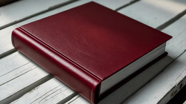 Close-up of a family red video book featuring a leather cover. A hard cover video album set against a wooden backdrop. Isolated wedding red video book. Burgundy video album offering copy space for