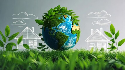 Environmentally friendly planet. Symbolic globe of Earth, crafted from green grass and branches featuring a hand-drawn illustration of homes equipped with solar panels. The concept of green energy - Powered by Adobe