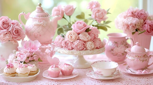 Pink tea party. Cupcakes and roses on table in bright room. Background shows garden view, use for invitation
