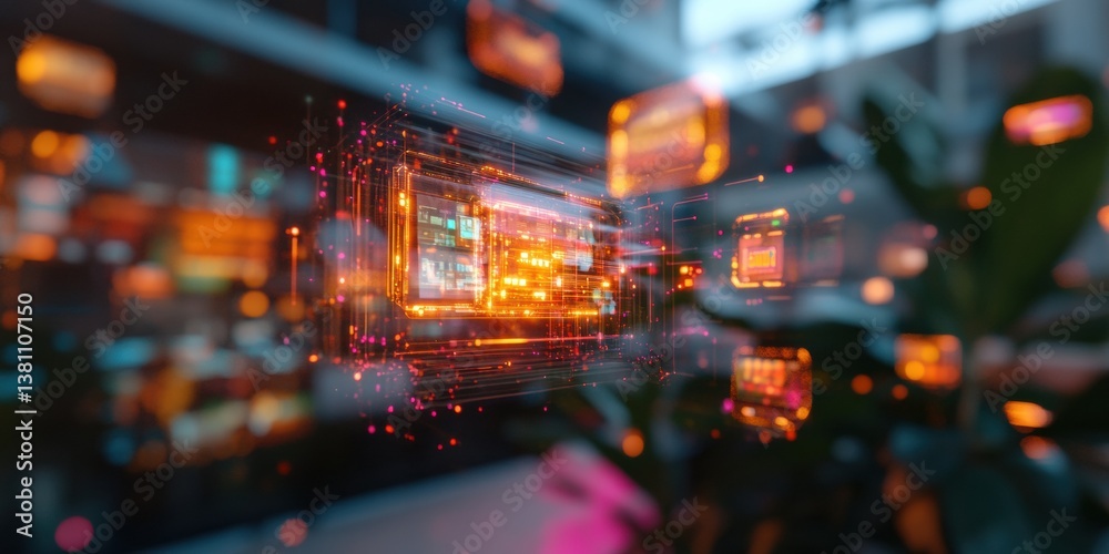 Poster Quantum Connectivity Visualization Immersive Digital Ecosystem with Luminescent Network Nodes - Futuristic IoT Innovation in Blurred Tech Landscape