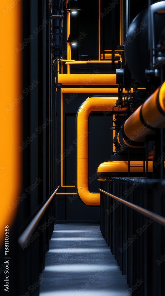 Poster cyberpunk industrial design high-contrast yellow pipelines in sleek urban infrastructure - next-gen 