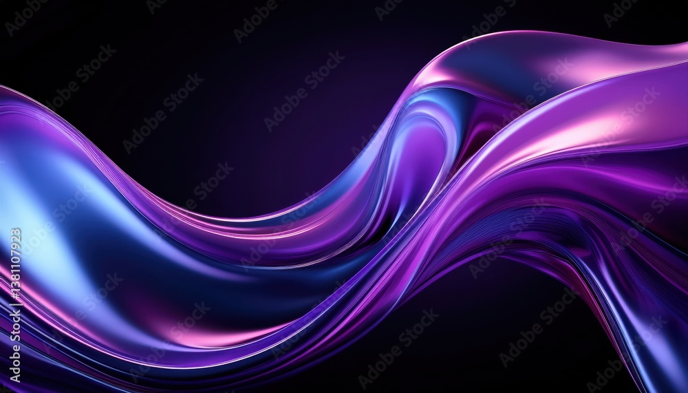 Poster iridescent silk wave with purple and blue reflections on a dark background, abstract 3d render for m