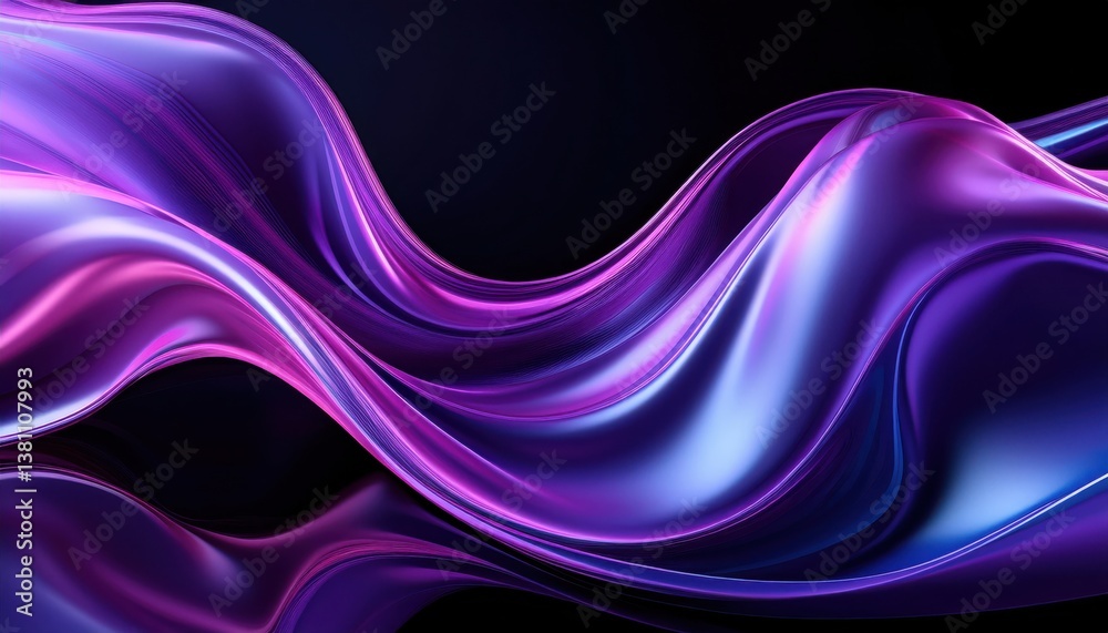 Poster iridescent silk wave with purple and blue reflections on a dark background, abstract 3d render for m
