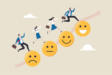 Employee happiness, wellbeing or positive attitude, emotional intelligence to improve success, joyful work or optimistic concept, business people jump from anxiety to delight smiling face emoticon.