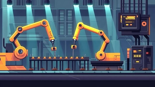 Automated Production Line with Robotic Arms in Action within a Modern Factory