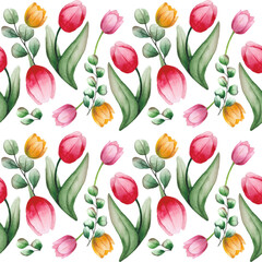 Obraz premium Red tulips watercolor hand painting on white background seamless pattern for fabrics, paper. Spring flowers. Card for Mothers day, 8 March, wedding.