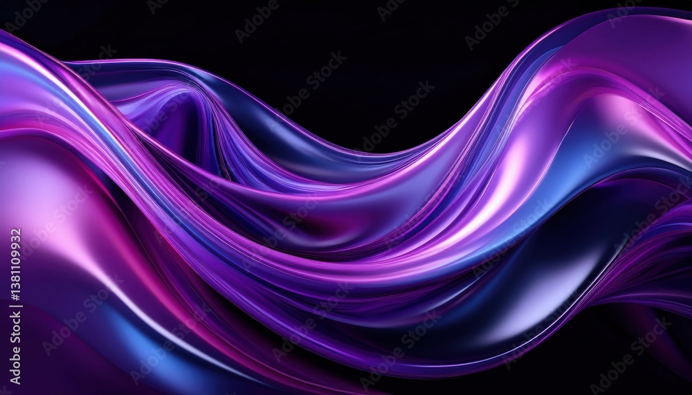 Poster iridescent silk wave with purple and blue reflections on a dark background, abstract 3d render for m