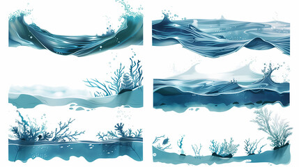 Set of serene underwater seascapes, cut out on white isolated background,underwater seascape set isolated on white, underwater, serene ocean underwater background set, ocean, marine seascape 