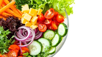 Vibrant Freshly Chopped Salad with Cucumbers, Tomatoes, Carrots, and Cheese in a Glass Bowl