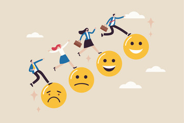 Employee happiness, wellbeing or positive attitude, emotional intelligence to improve success, joyful work or optimistic concept, business people jump from anxiety to delight smiling face emoticon.