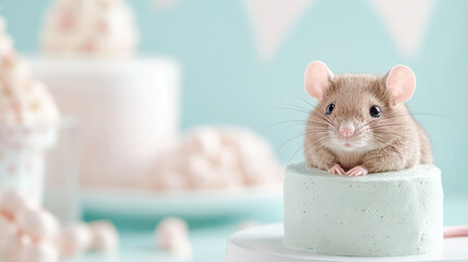 Fototapeta premium Adorable mouse curiously perched on a pastel colored cake with blurred background of soft delicate desserts