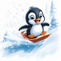 Baby penguin sledding adventure snowy landscape cartoon illustration playful environment whimsical viewpoint