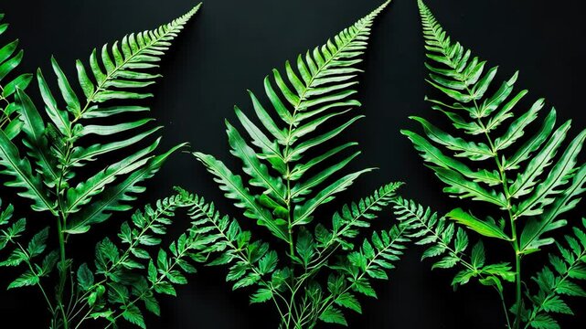 Fern leaf from a rainforest, green plant set against a black background with a clipping path.