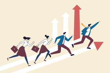 Business challenge, growing to success, growth chart or career path, teamwork winning together, work improvement or leadership, motivation concept, business people running on growth arrow up chart.