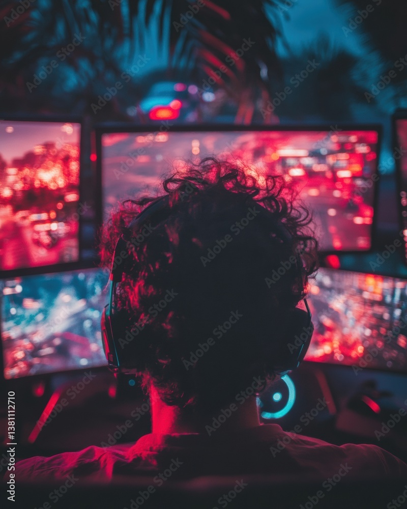 Poster Immersive Digital Workspace Gen Z Gaming Developers Cyberpunk-Inspired Remote Collaboration Setup with Multi-Monitor Cinematic Visual Experience