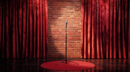 vintage red theater stage with microphone spotlight