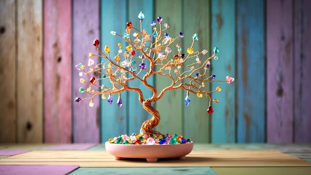 Feng shui gem tree, known as crystal tree, is utilized for spiritual remedies for love and wealth. Isolated on a vibrant pastel wooden board background.