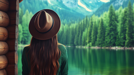 Woman with hat looking at forest lake from wooden cabin